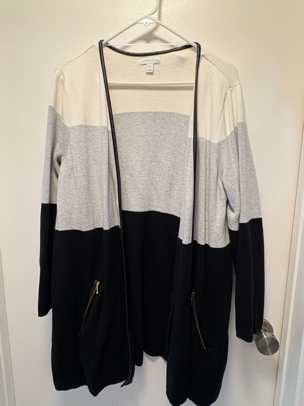 Charter cCub Colorblock Open Cardigan with leather trim - Black, Gray & Cream